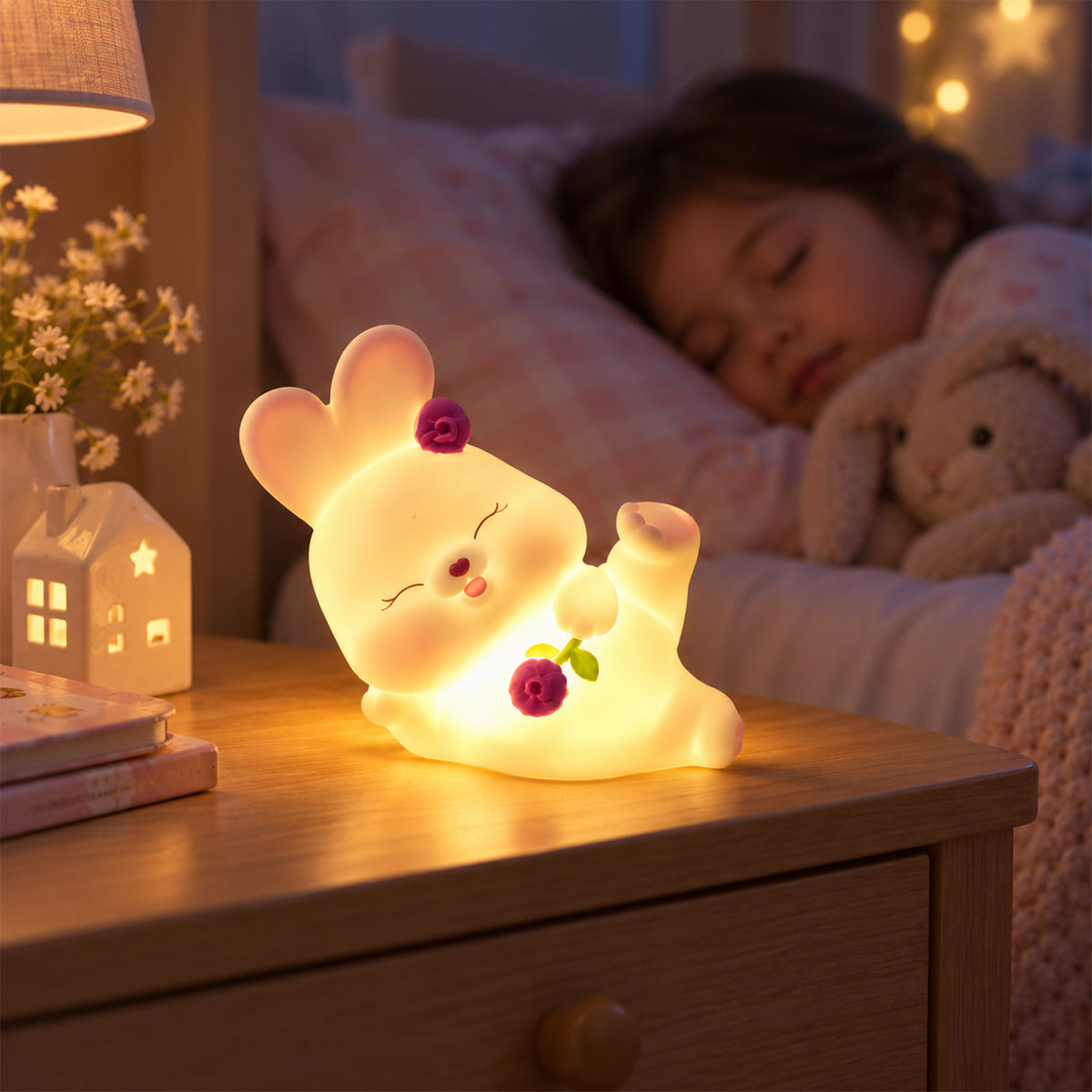 Rabbit lamp in a bedside setting