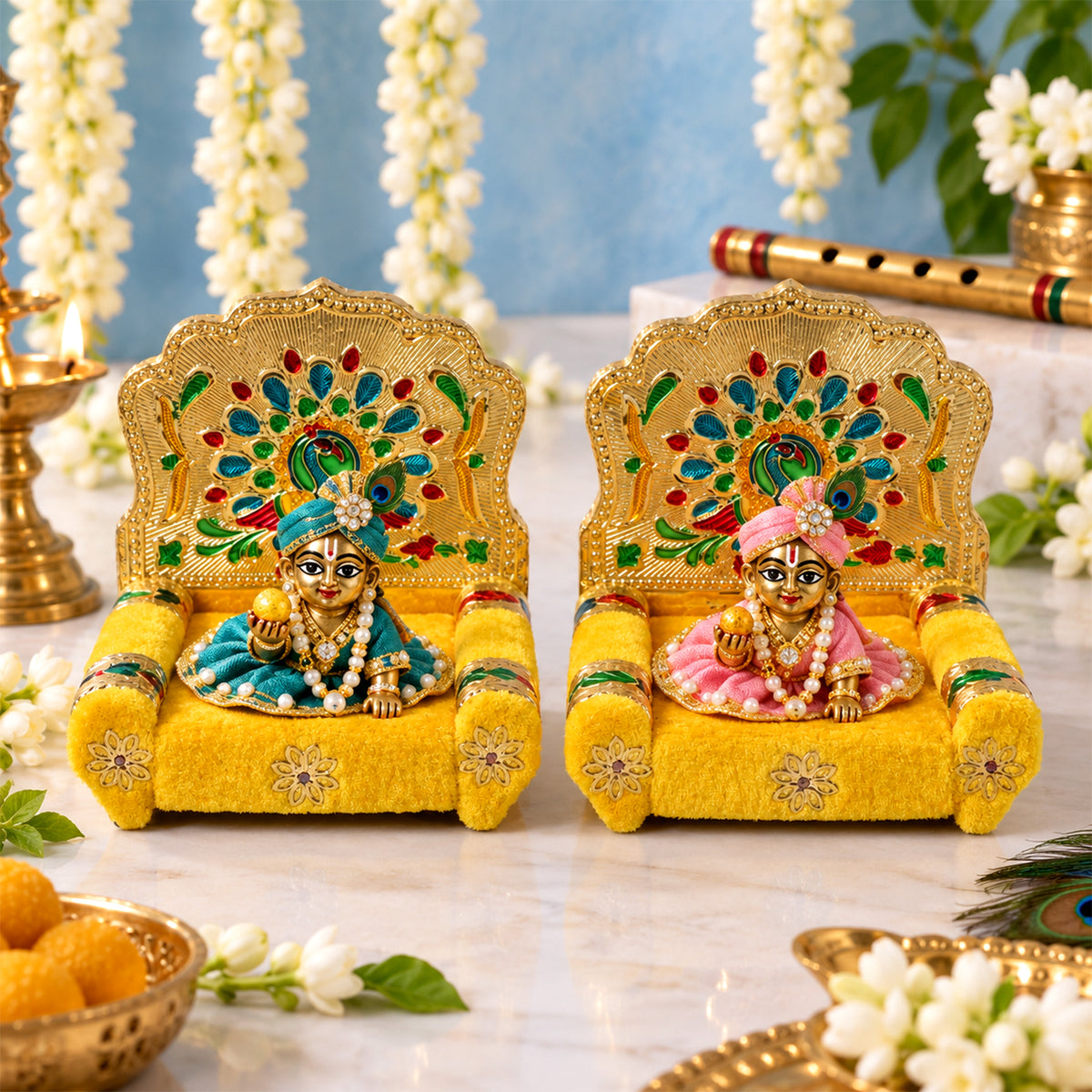 Yellow Laddu Gopal singhasan with peacock handwork design 1