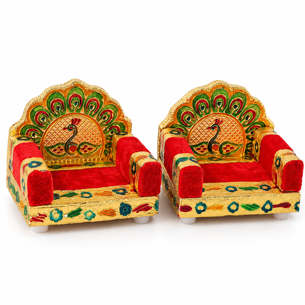 Red handwork Laddu Gopal singhasan peacock design two piece set 05