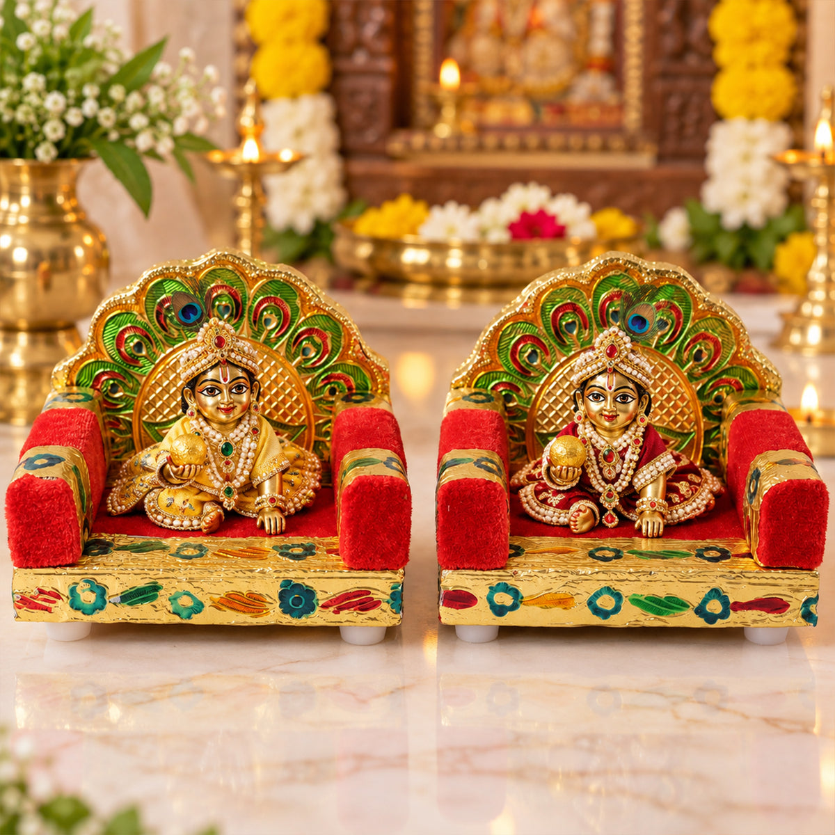 Red handwork Laddu Gopal singhasan peacock design two piece set 08