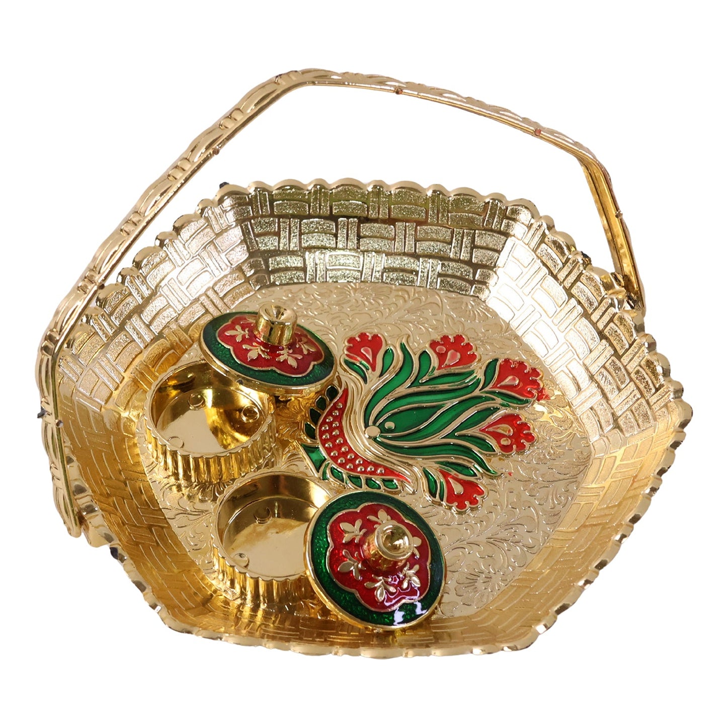 Kumkum Kankavati Basket with Handle Golden Haldi Roli Chawal Pooja Set (1 Pc)