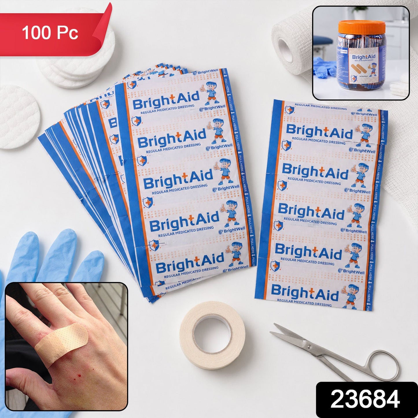 BrightAid Regular Adhesive Bandages Medicated Wound Dressing Strips (100 Pc)