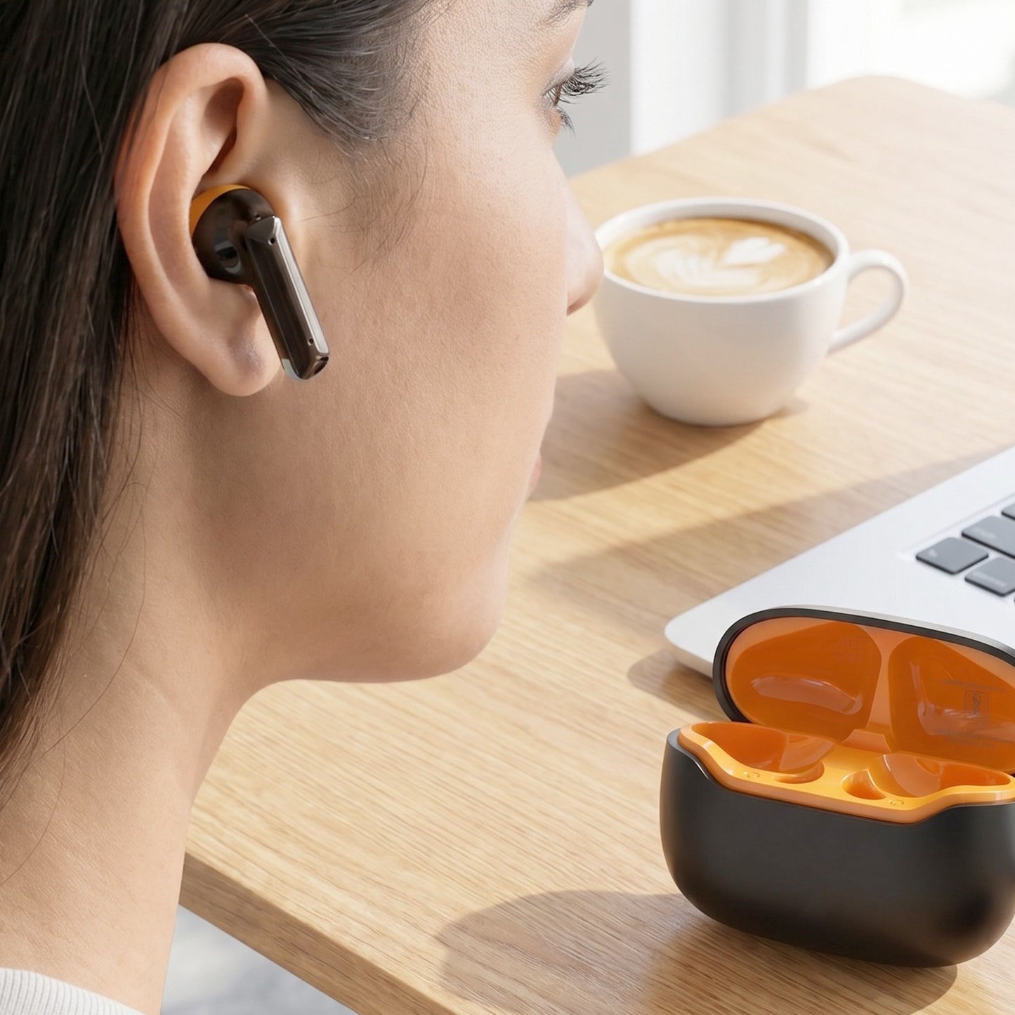 Wireless TWS earbuds with charging case on desk