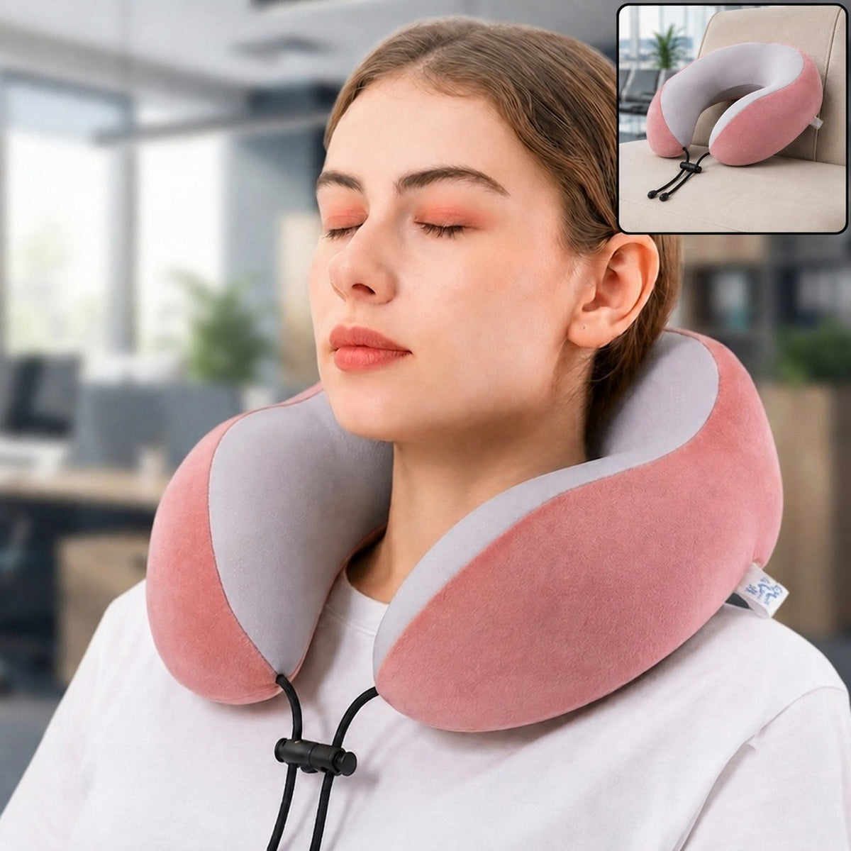 U shaped travel neck pillow in use