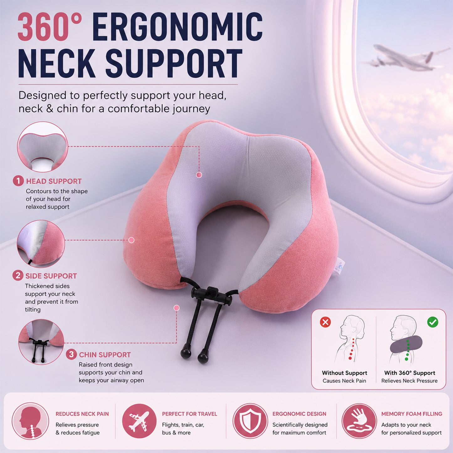 Ergonomic U shaped neck support pillow