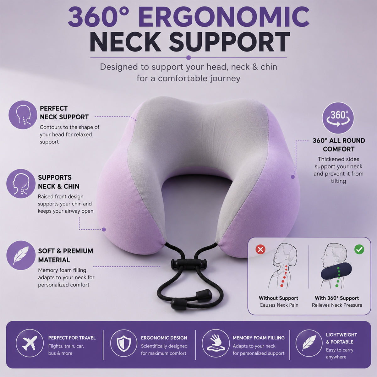 Ergonomic U shaped travel pillow