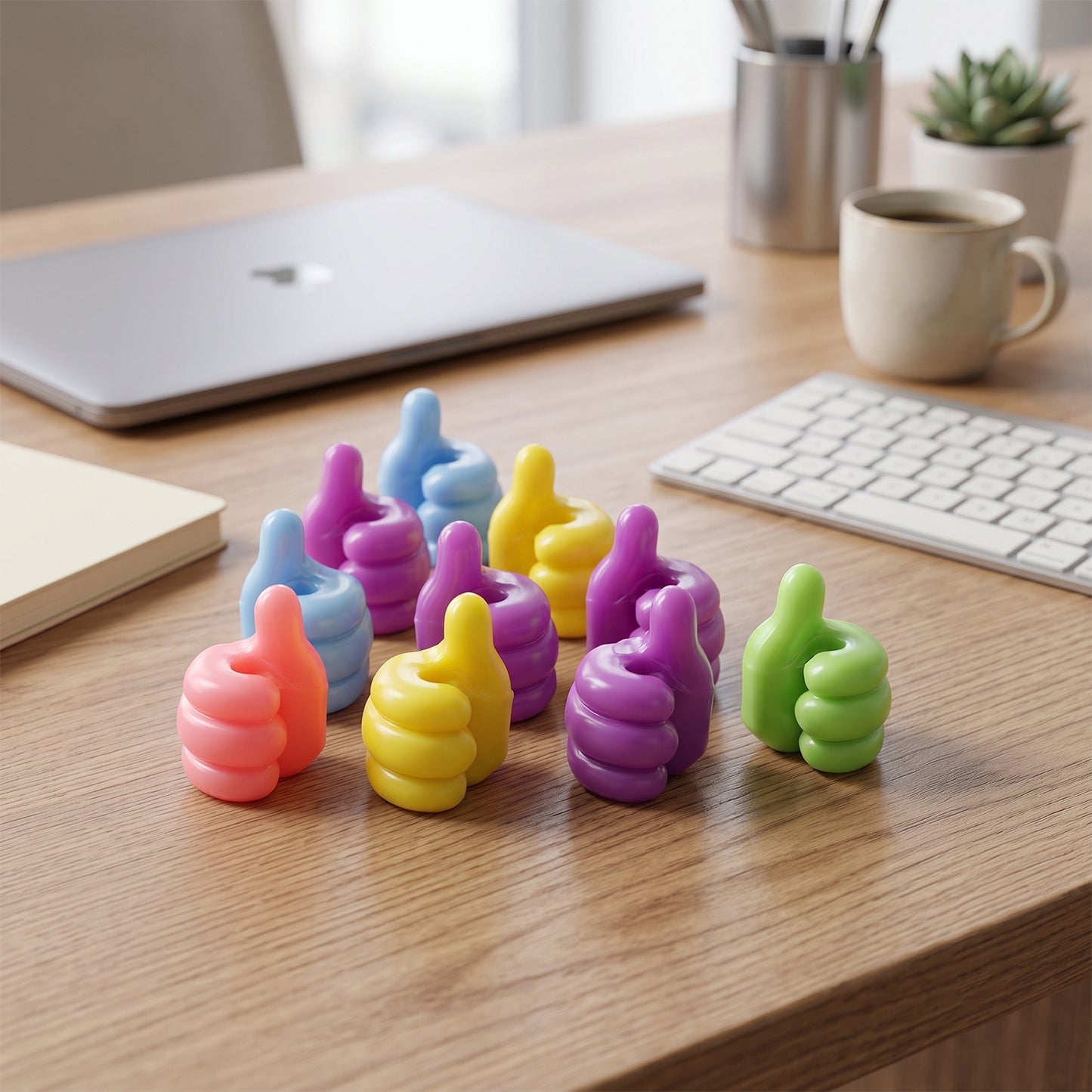 Colourful cable clips arranged on desk