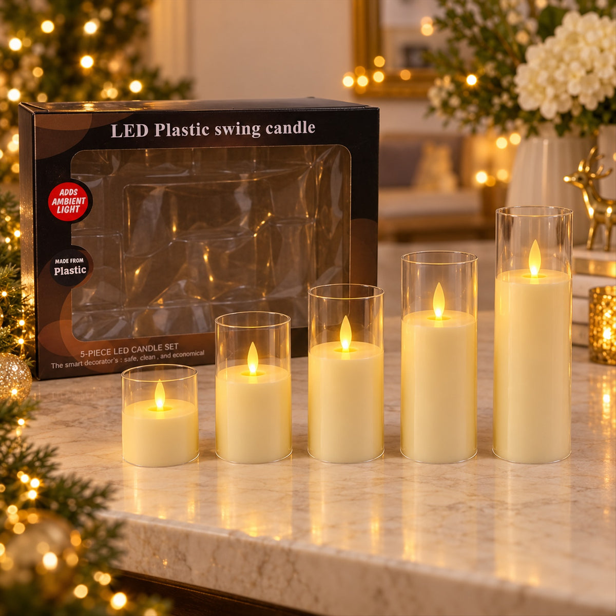 Flameless LED swing candle set with clear plastic sleeves 1