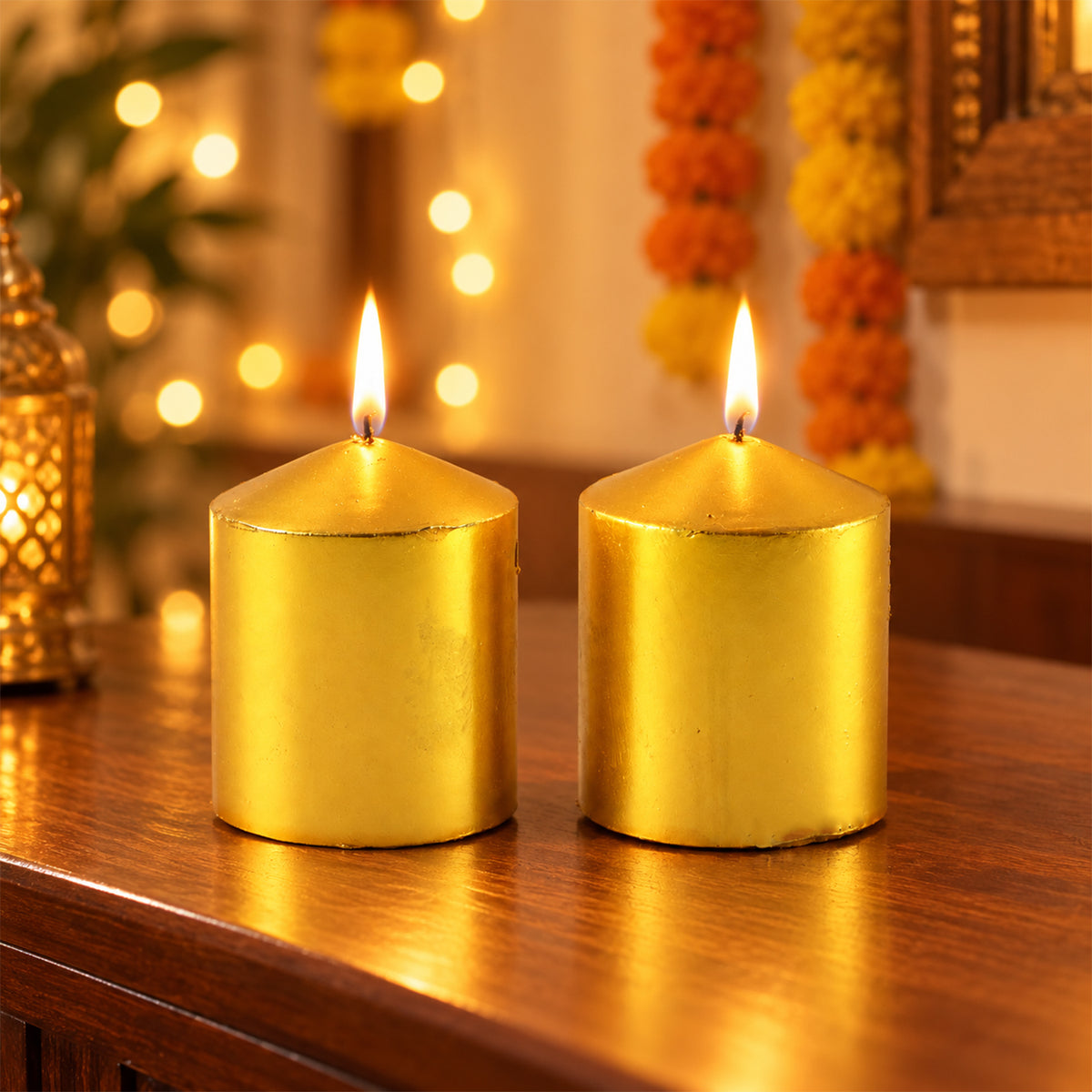 Golden decorative wax pillar candles 01