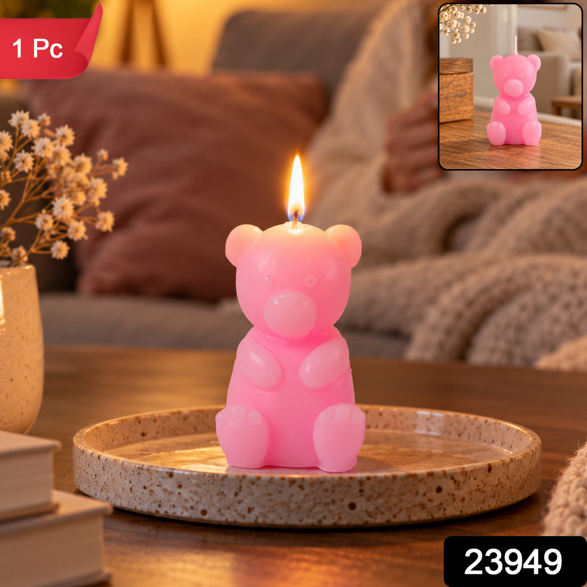 Small teddy bear shape decorative wax candle 1 Pc label