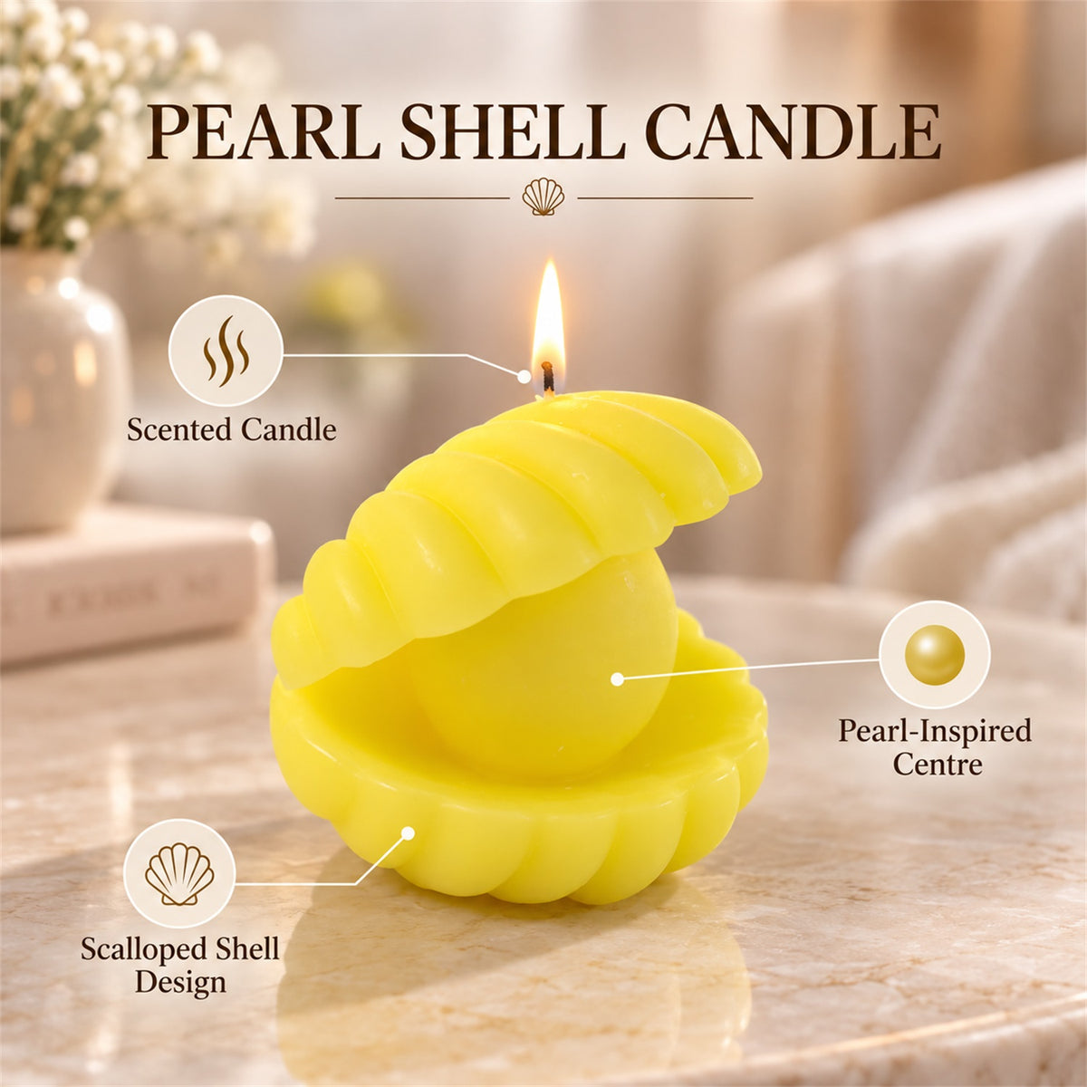 Shell shape scented wax candle with pearl-style centre 05