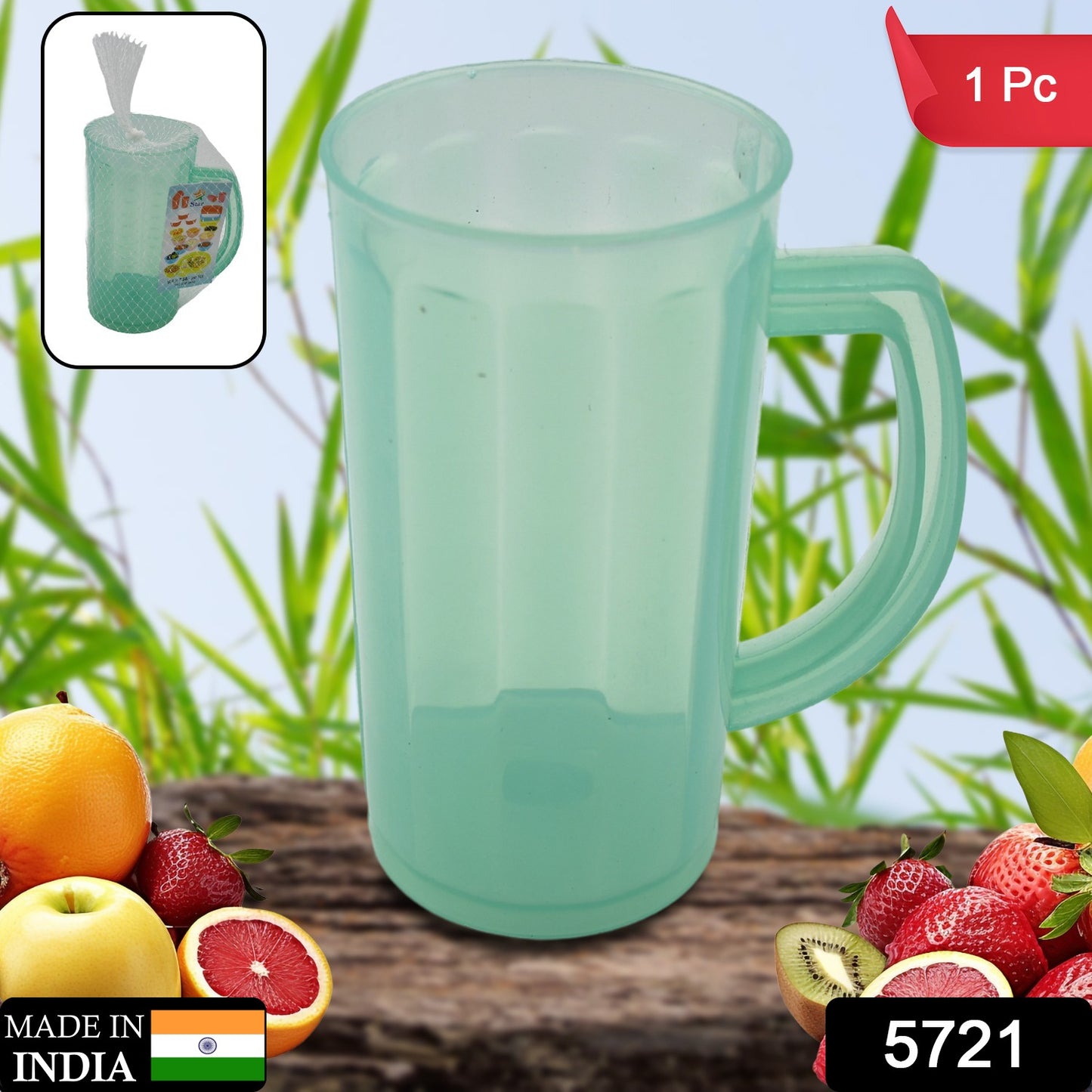 Plastic drinking mug, angled view