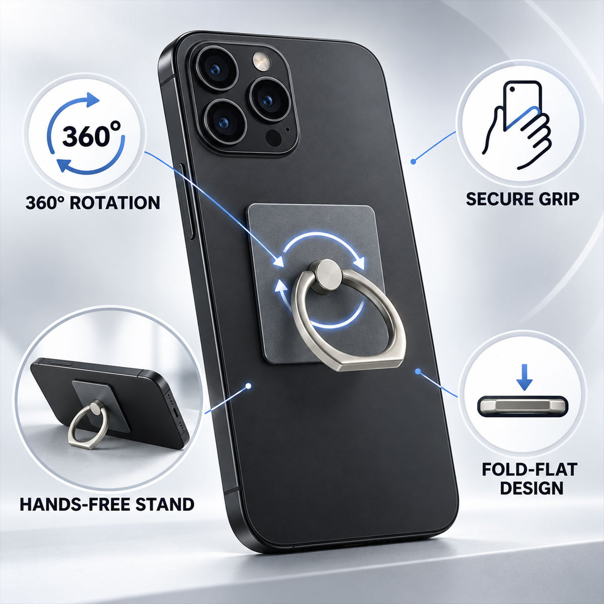 Phone ring rotation fold-flat design and stand function