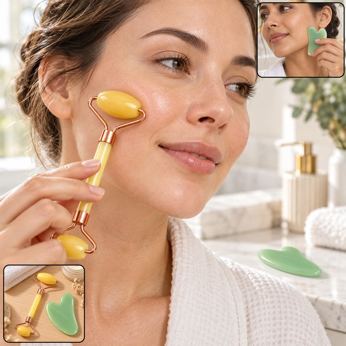 Double-ended facial roller used on cheek