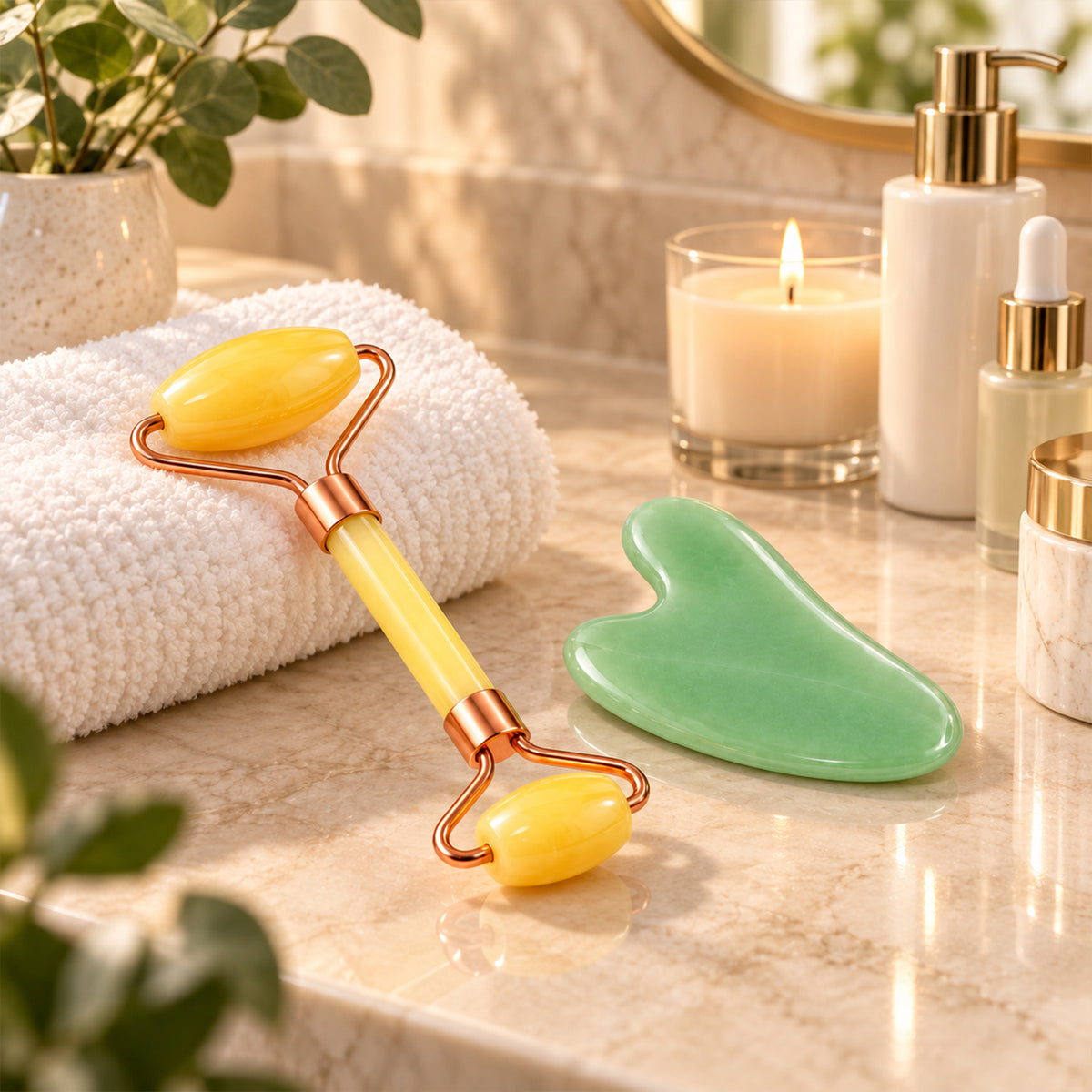 Roller and gua sha beside personal care accessories