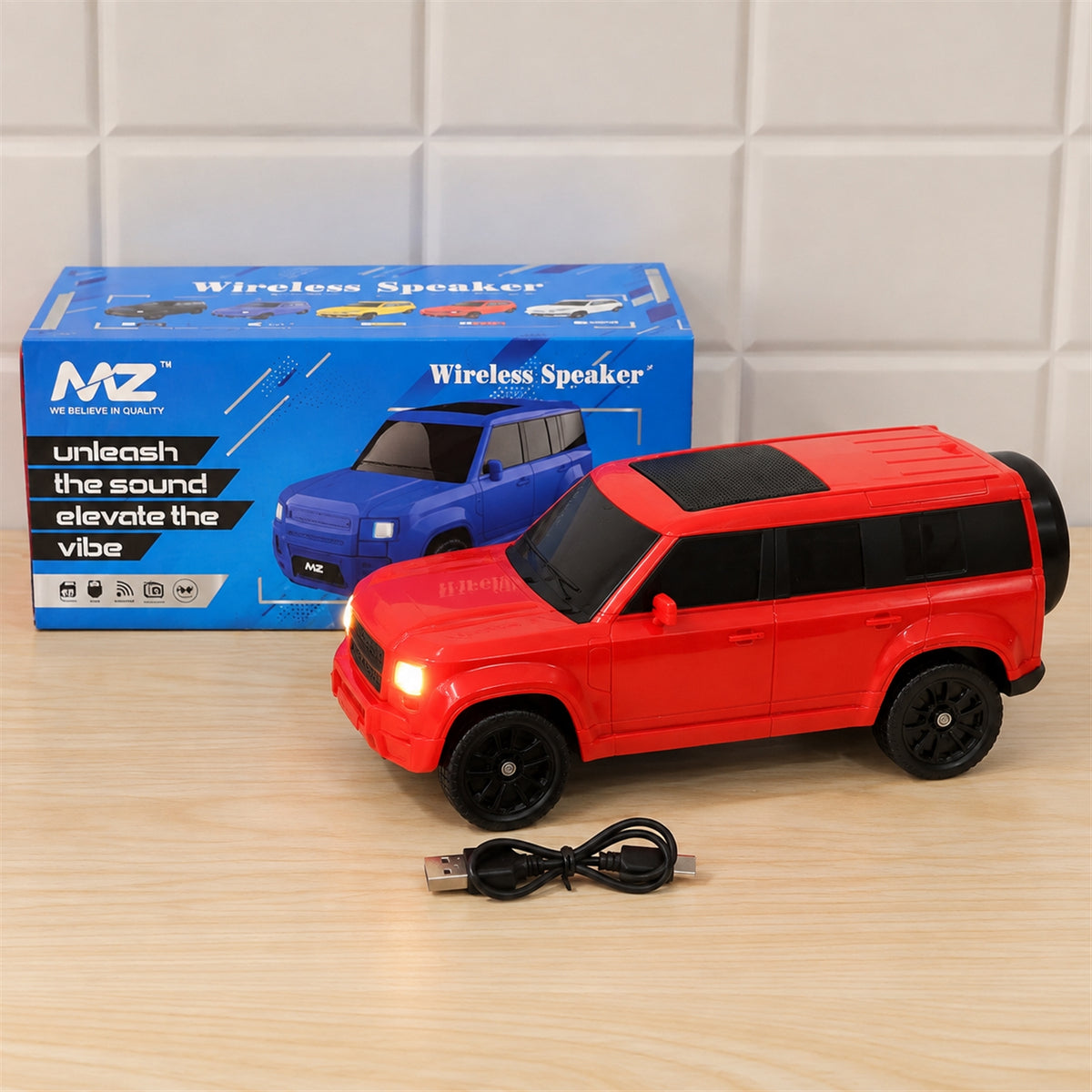 Actual car shaped speaker with retail box and cable