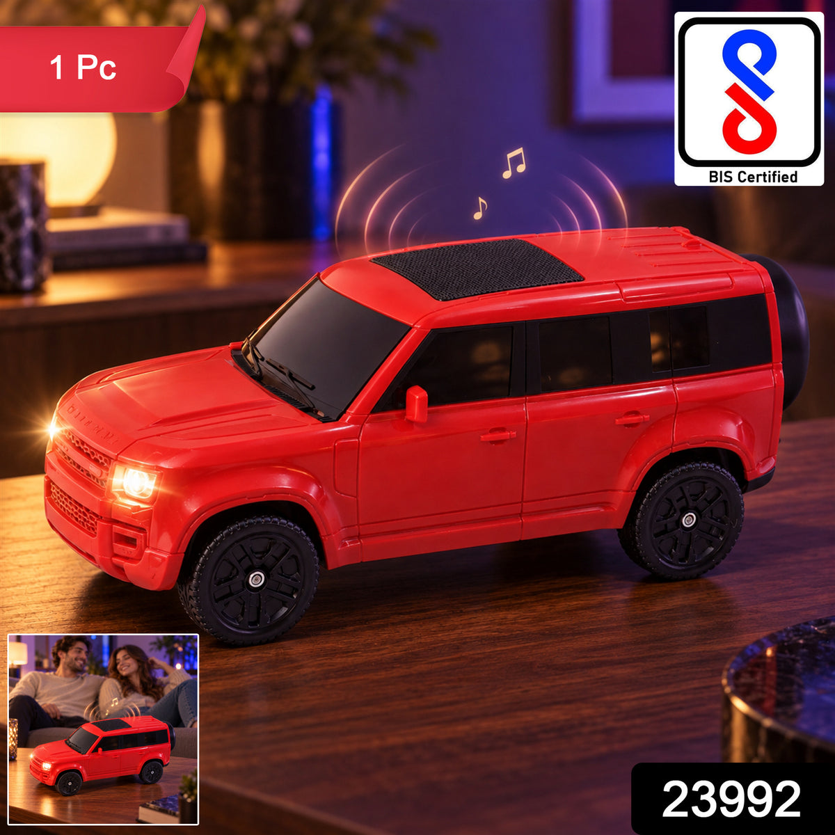 Car shaped wireless speaker with product code 23992 and 1 Pc label