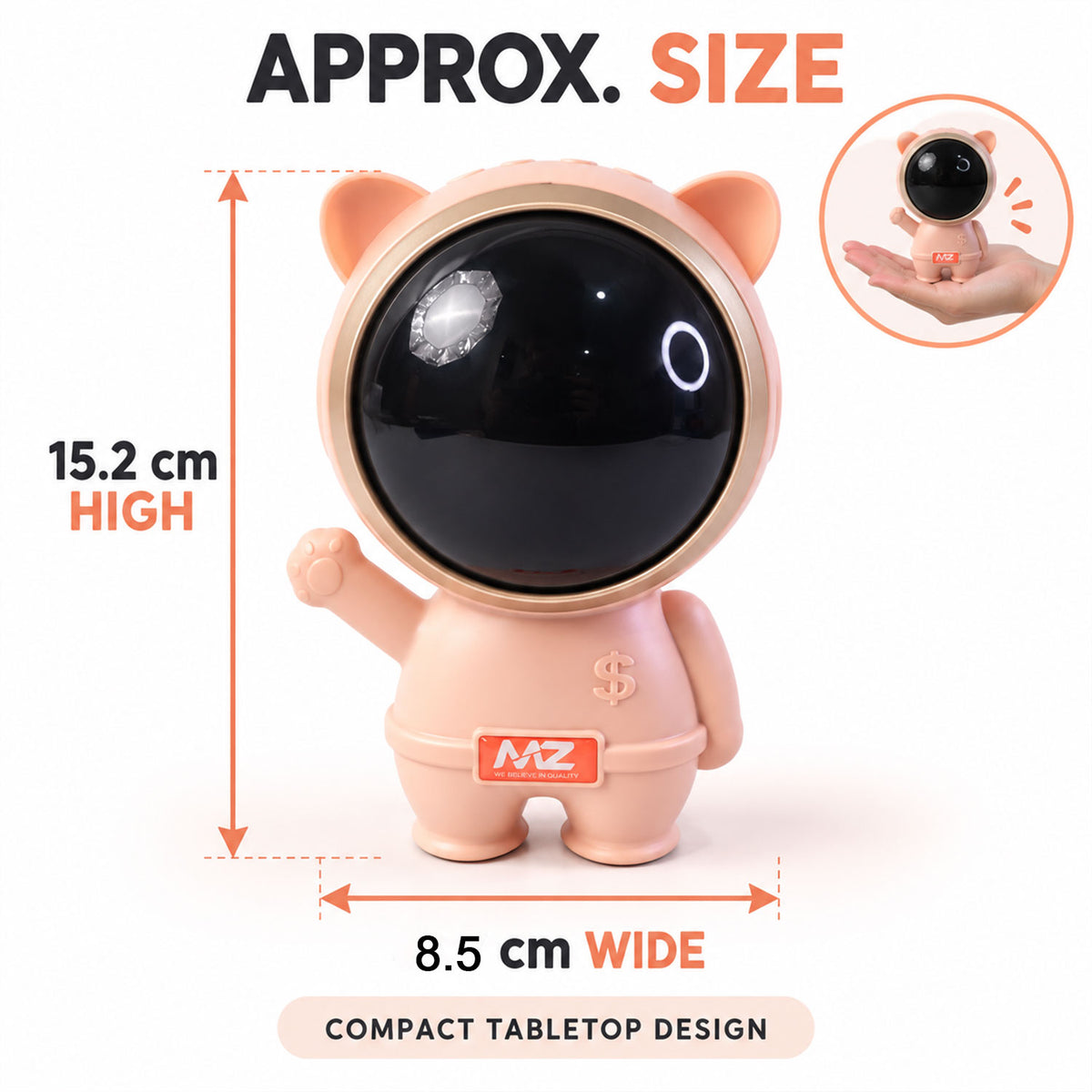 Astronaut speaker size guide showing approximately 15.2 cm height and 8.5 cm width