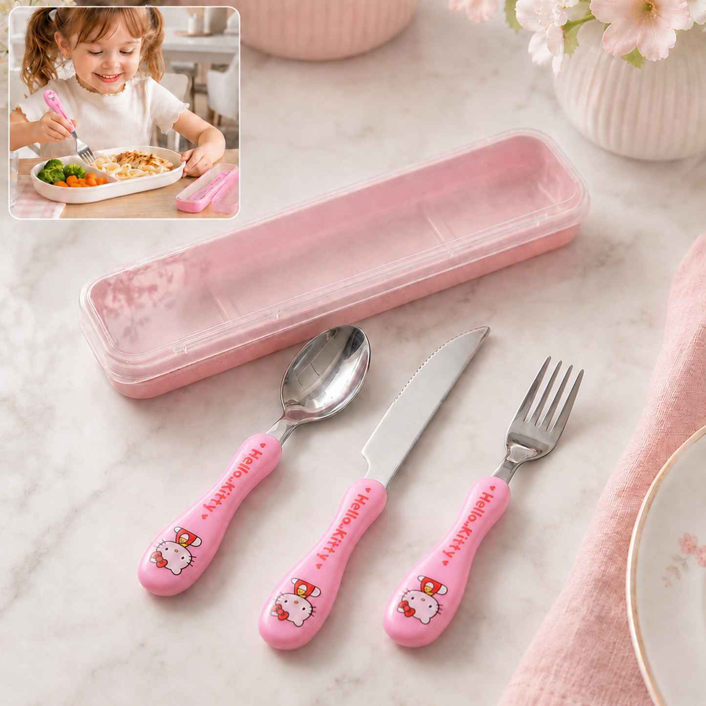 3 In 1 Kids Cutlery Set with Case Spoon Fork Knife for Children (1 Set)