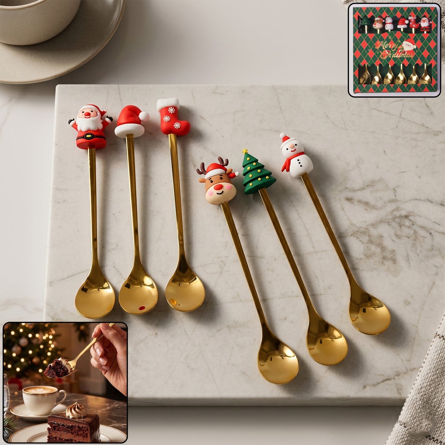 Golden Cartoon Spoon Set with Gift Box Steel Dessert Coffee Tea Spoons (6 Pc Set)