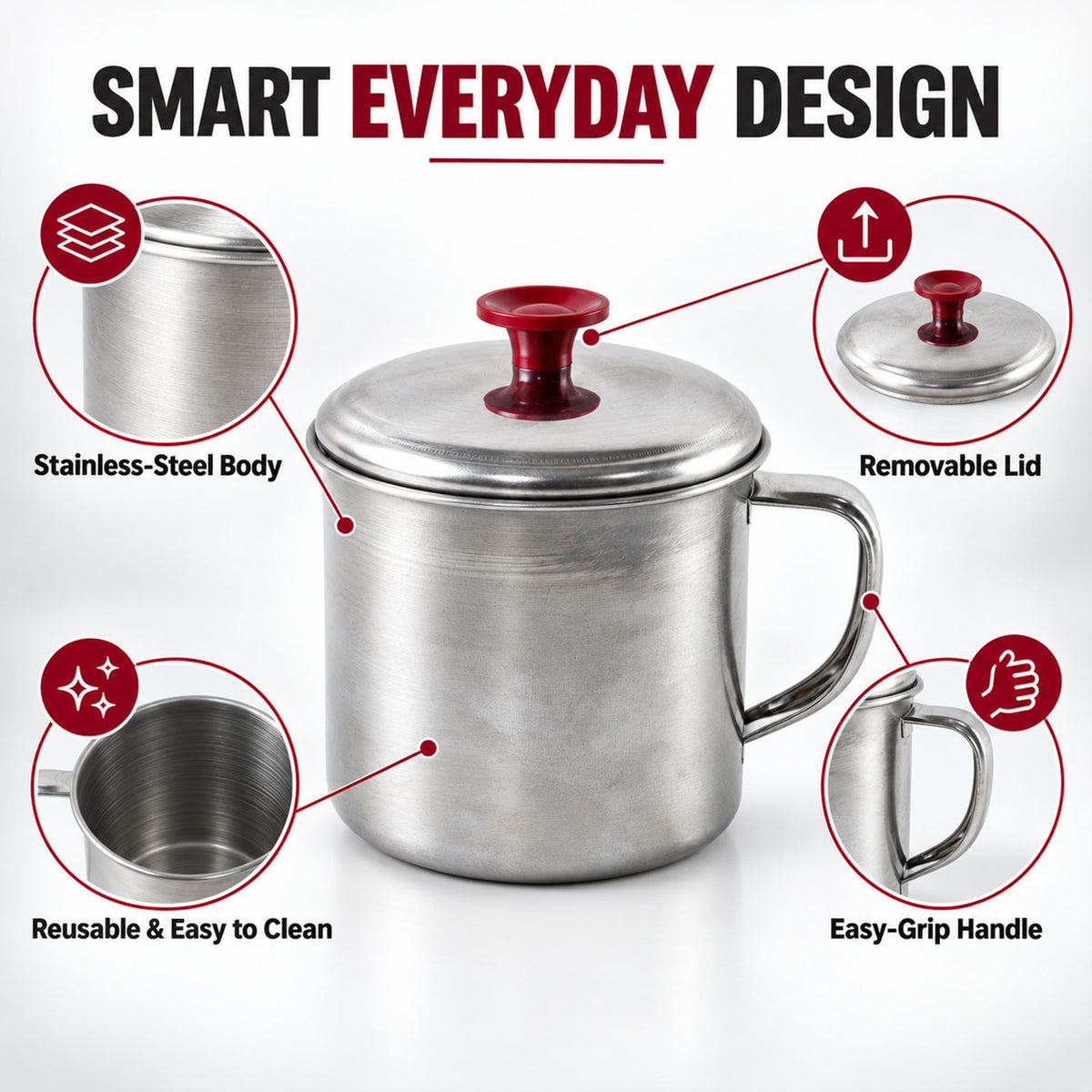 Stainless steel tea coffee mug with lid - everyday design