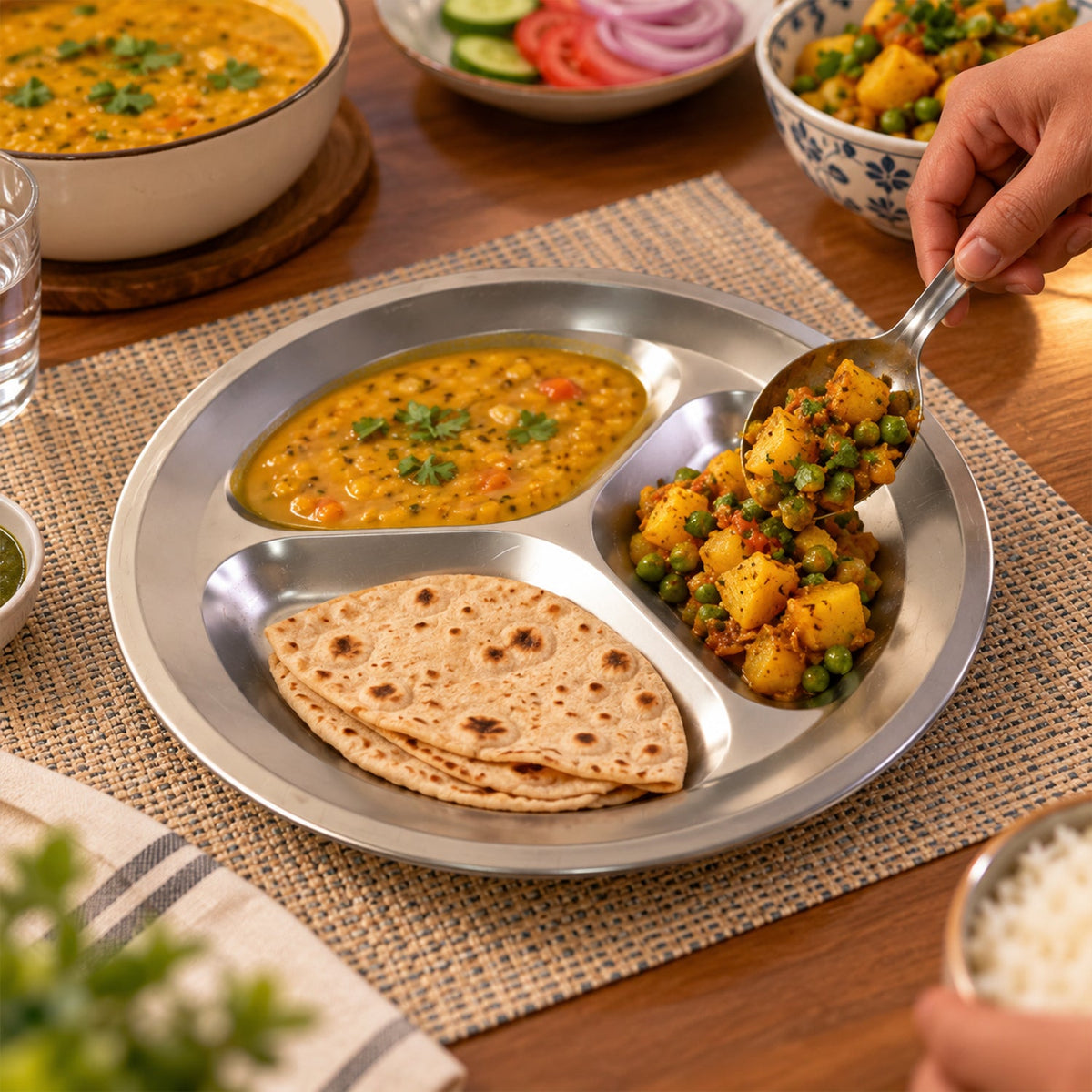 A person spoons potato and pea curry onto a three-compartment metal plate with dal and flatbread.