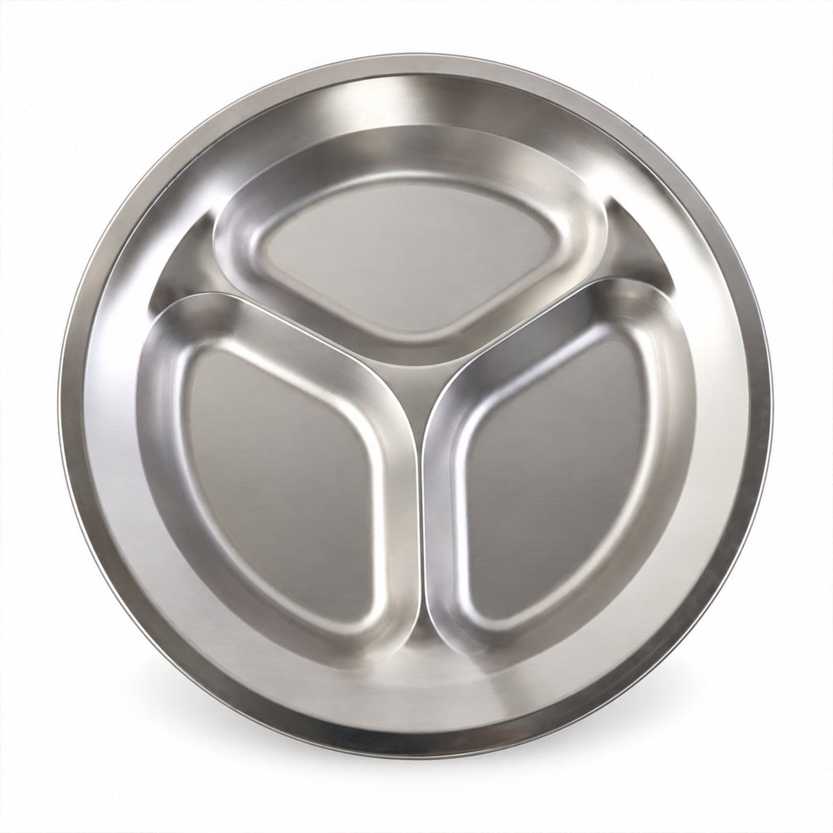A top-down view of a shiny, empty, round stainless steel plate with three distinct sections.