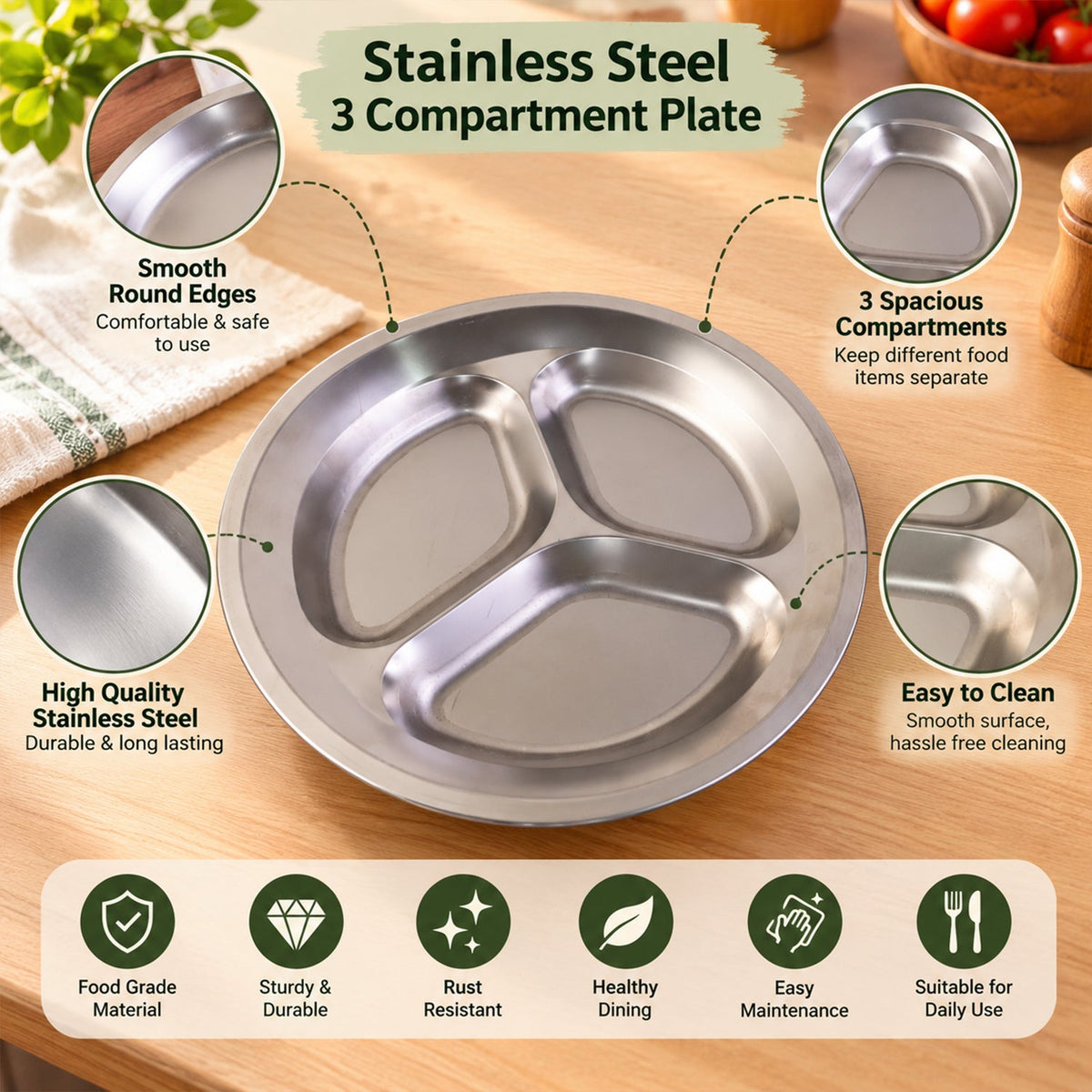 A stainless steel plate with three compartments is shown with text overlays describing its features.