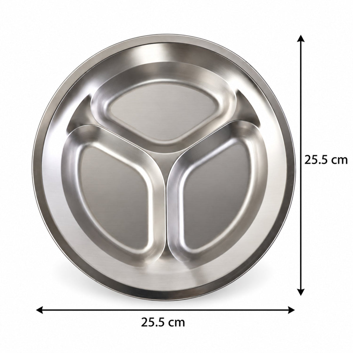 An empty round metal plate with three compartments is shown with dimensions of 25.5 cm by 25.5 cm.