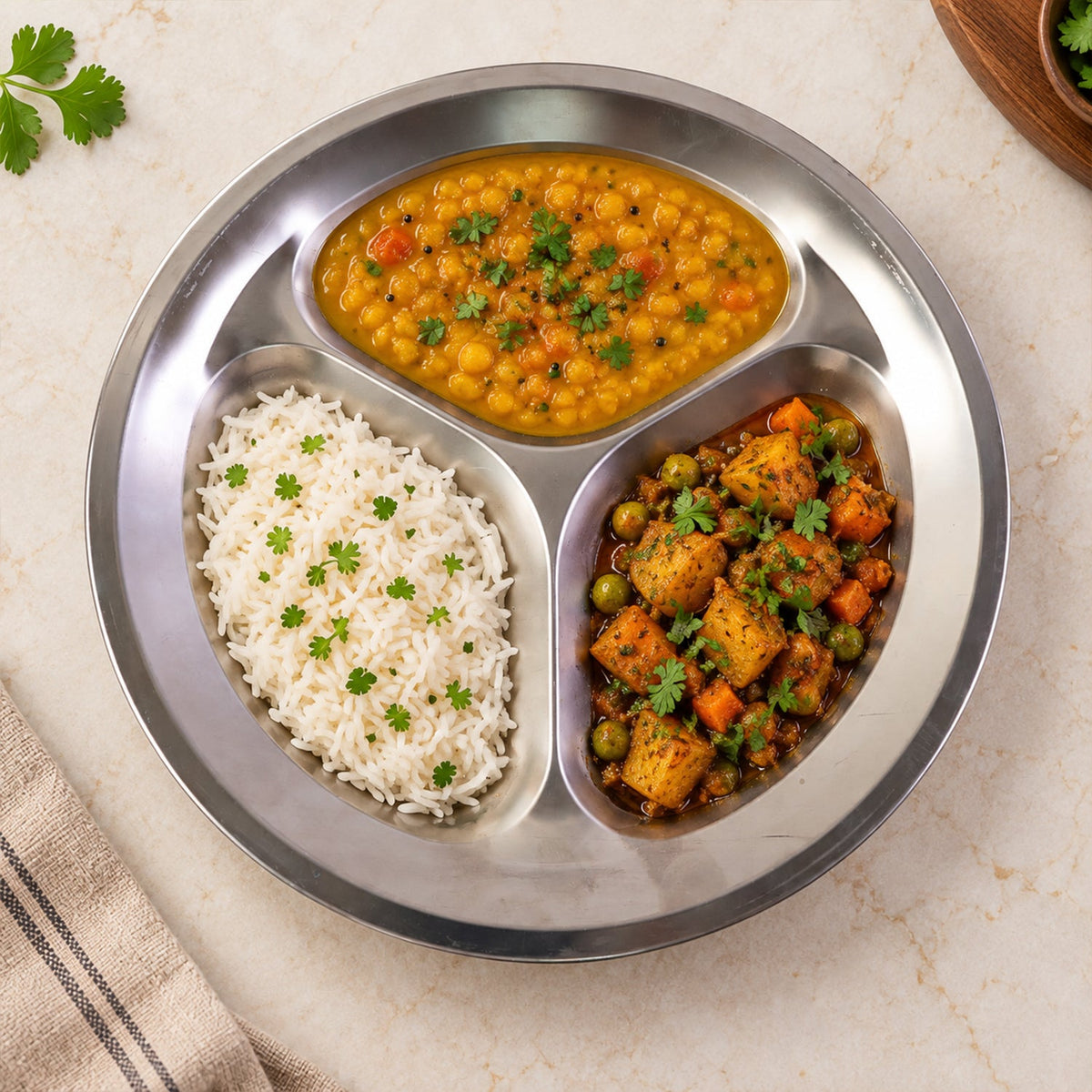 A round metal plate with three sections holds white rice, yellow dal, and potato-pea curry.
