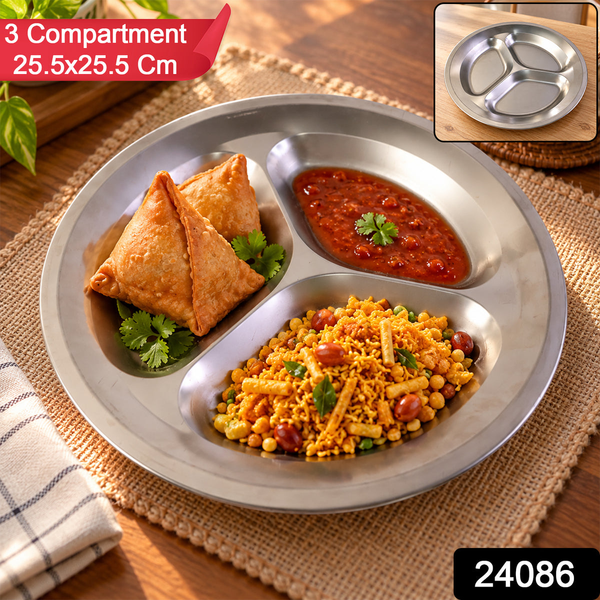 Stainless steel three compartment plate - SKU and size photo