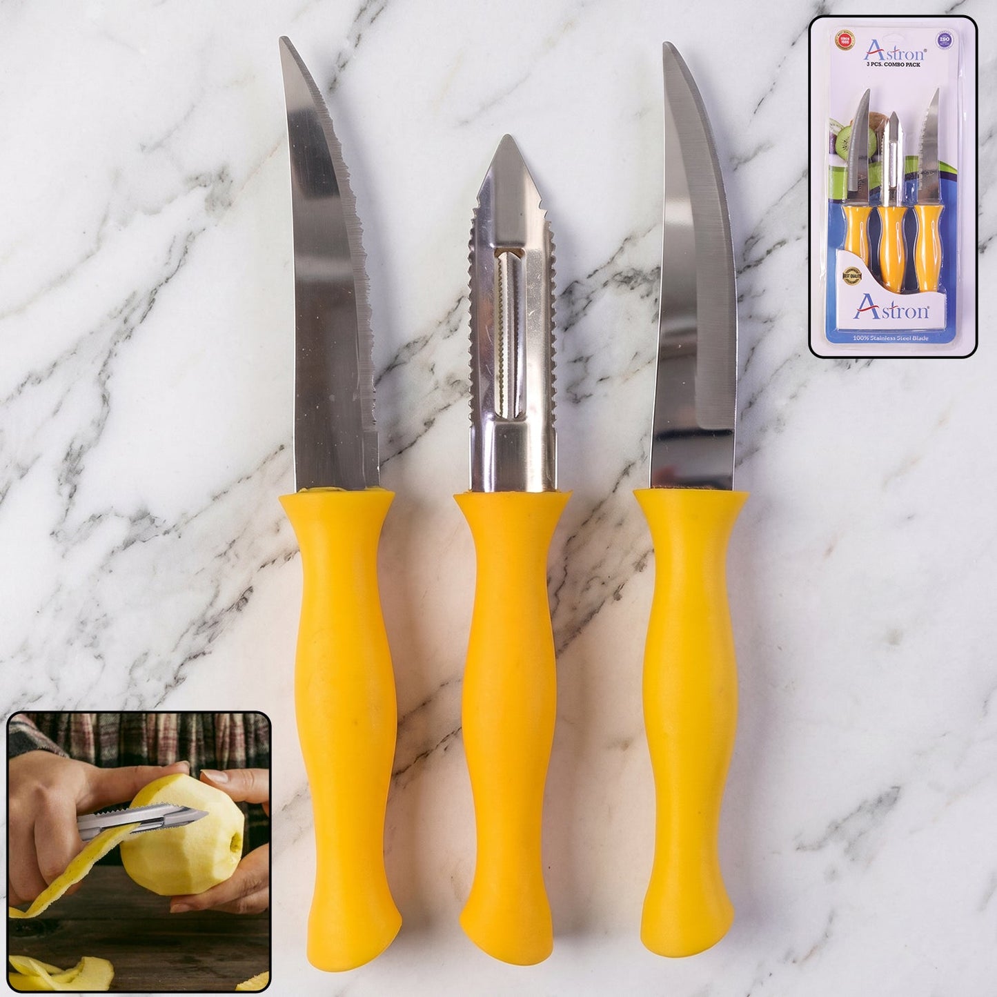 SS Ultra Kitchen Knife and Peeler Set Stainless Steel with Plastic Handle (3 Pc)