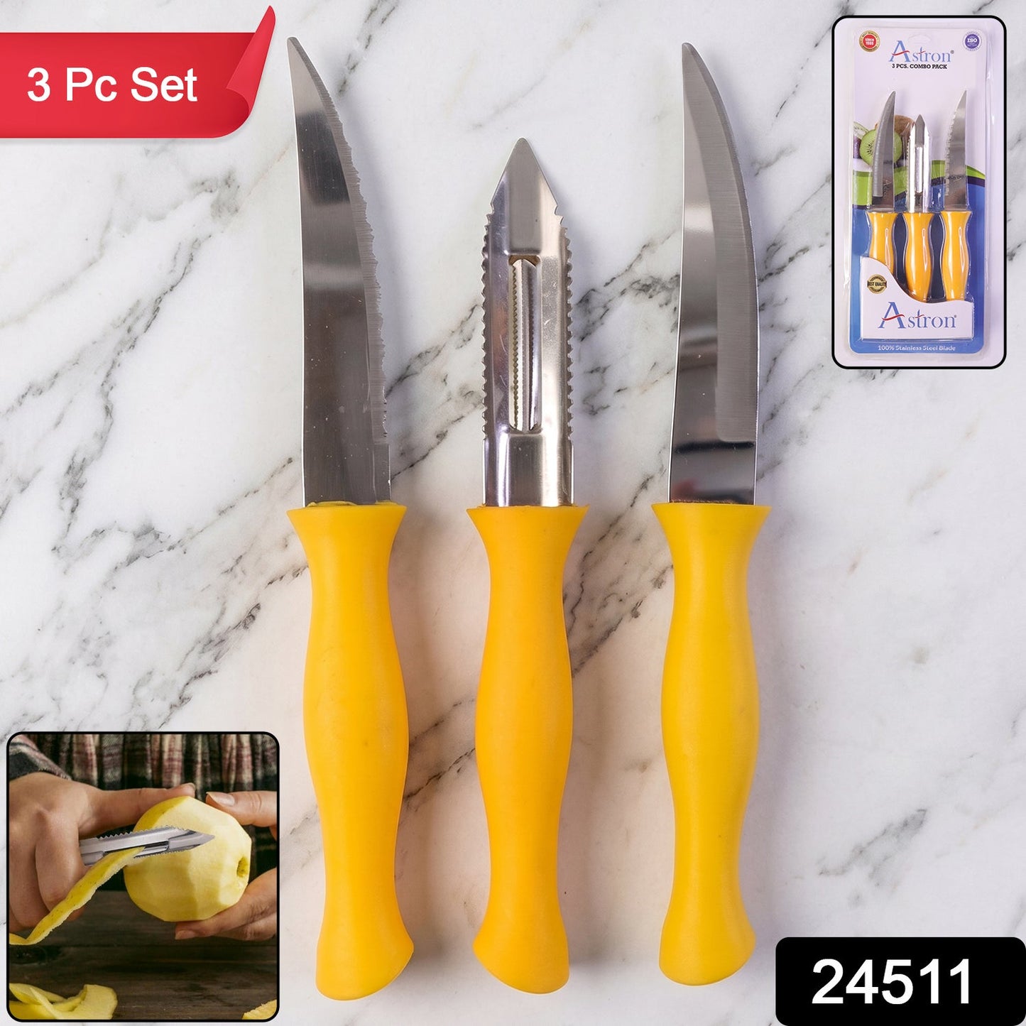 SS Ultra Kitchen Knife and Peeler Set Stainless Steel with Plastic Handle (3 Pc)