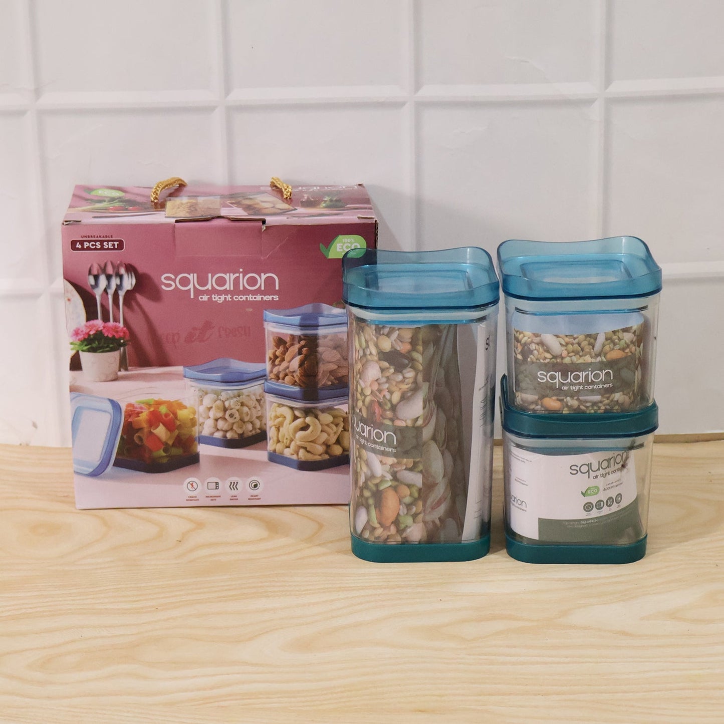 Size guide showing dimensions of the Squarion airtight storage containers