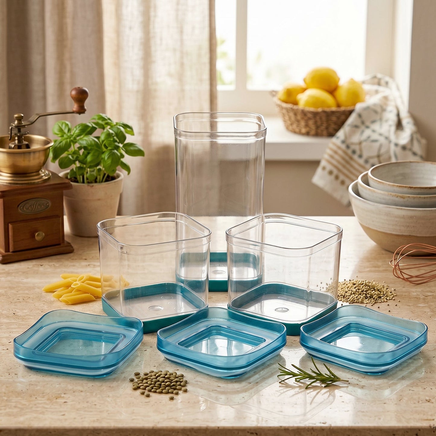 Squarion containers filled with various grains and snacks in a pantry