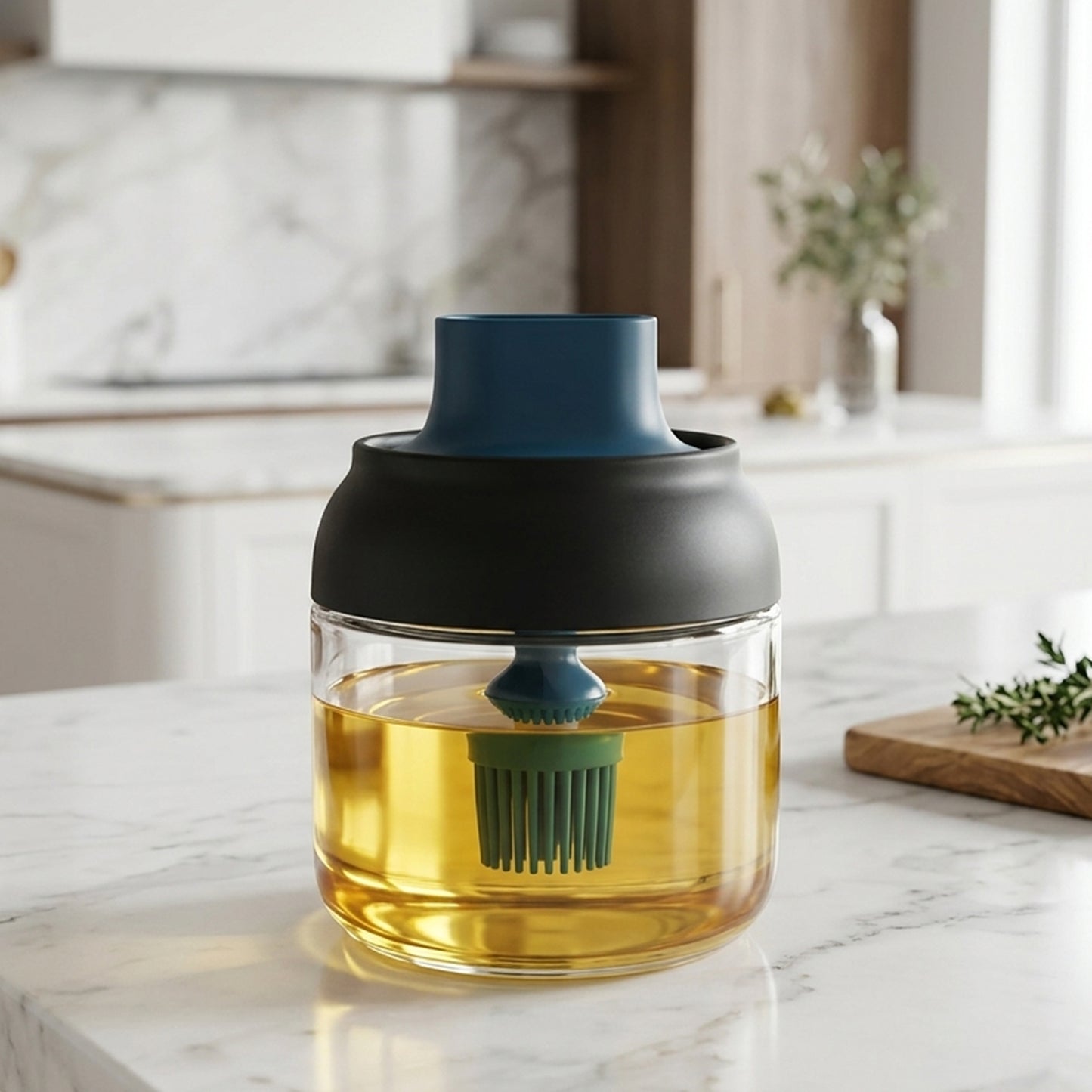280 ML round glass oil dispenser filled view