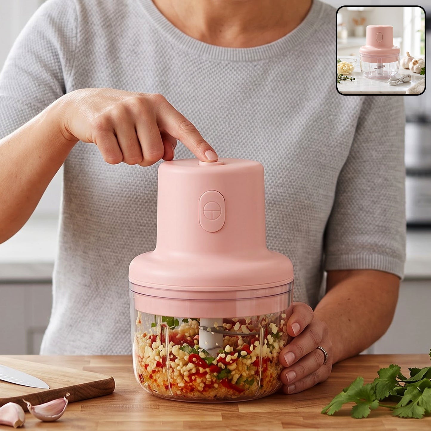 USB rechargeable mini garlic chopper lifestyle view