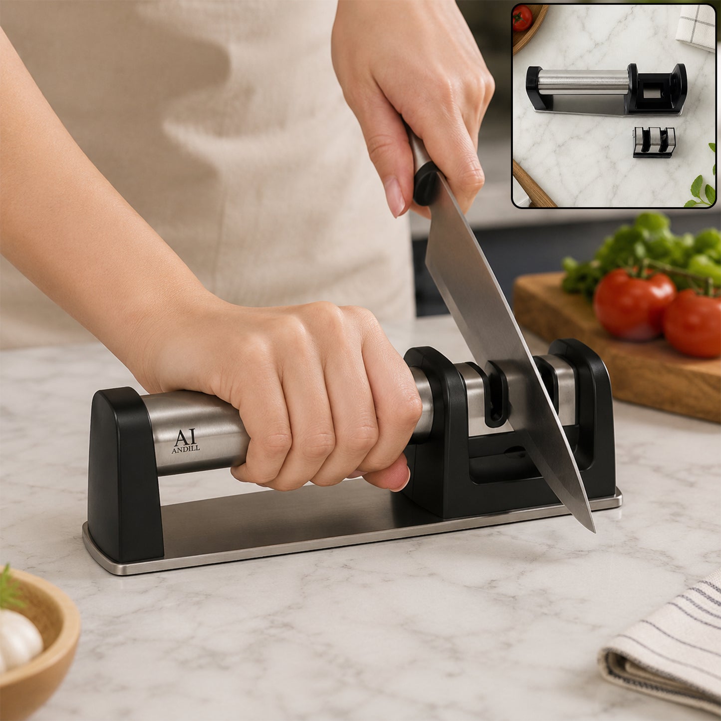 Two stage manual knife sharpener in kitchen use
