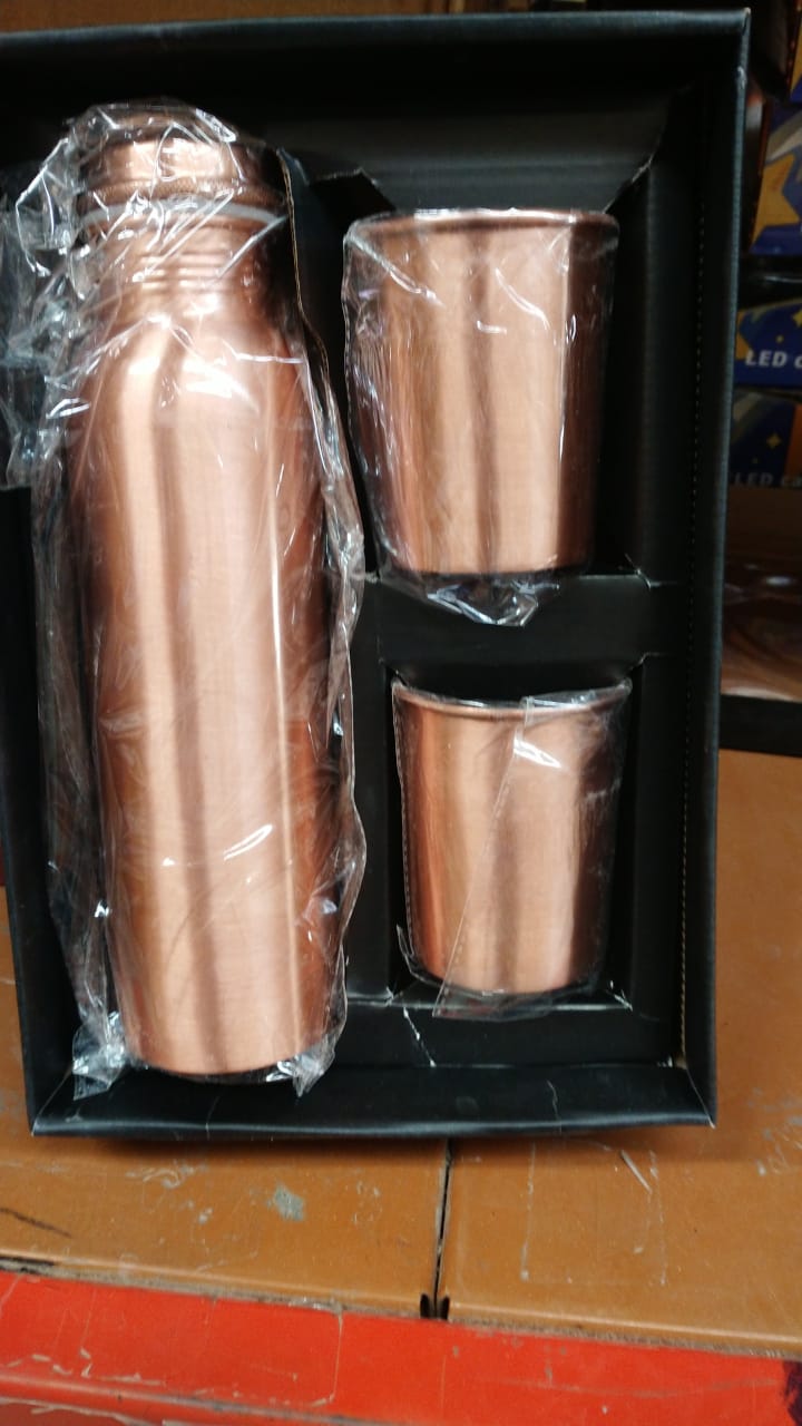 Copper Water Bottle 2 Glasses with Gift Box (3 Pcs Set)