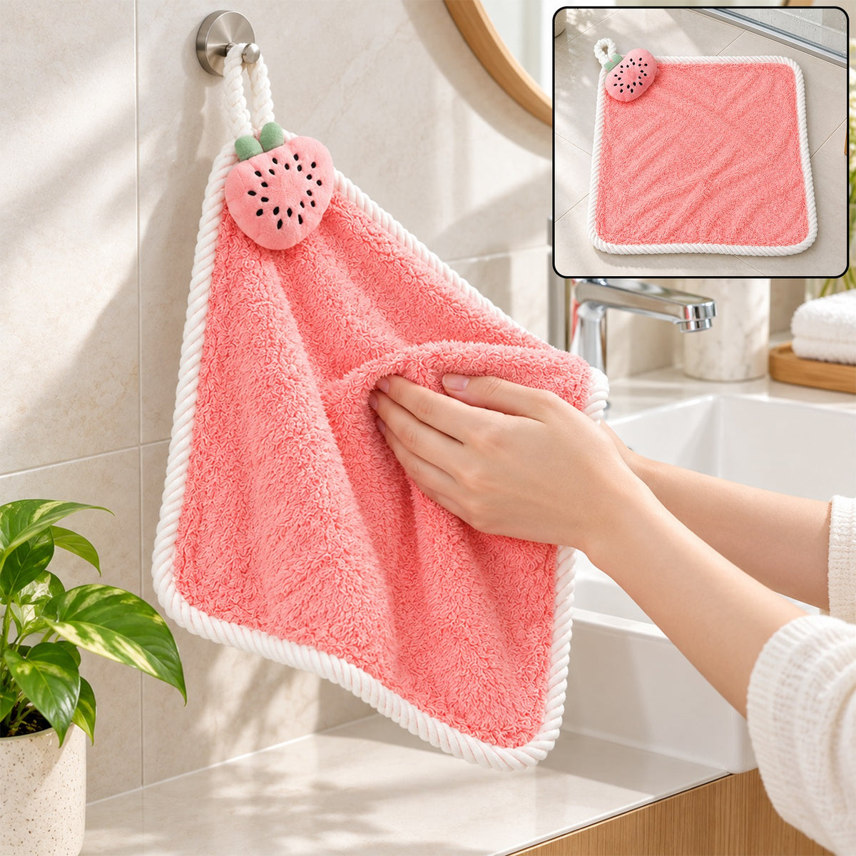 Soft hanging hand towel with decorative fruit motif