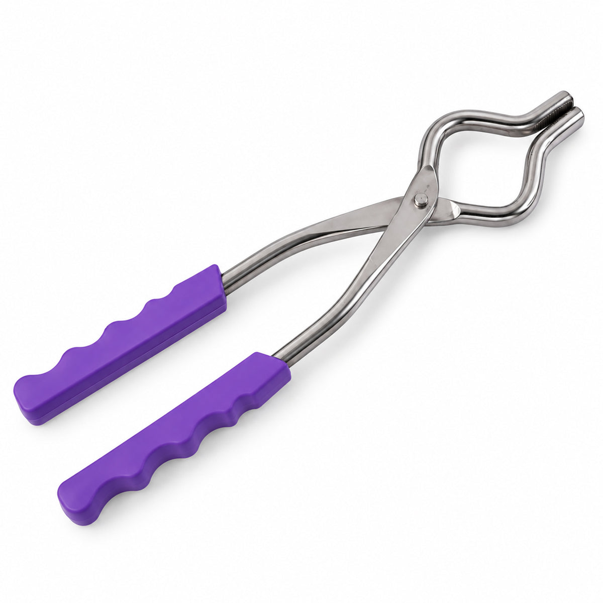A stainless steel pot lifter with purple contoured handles on a plain white background.