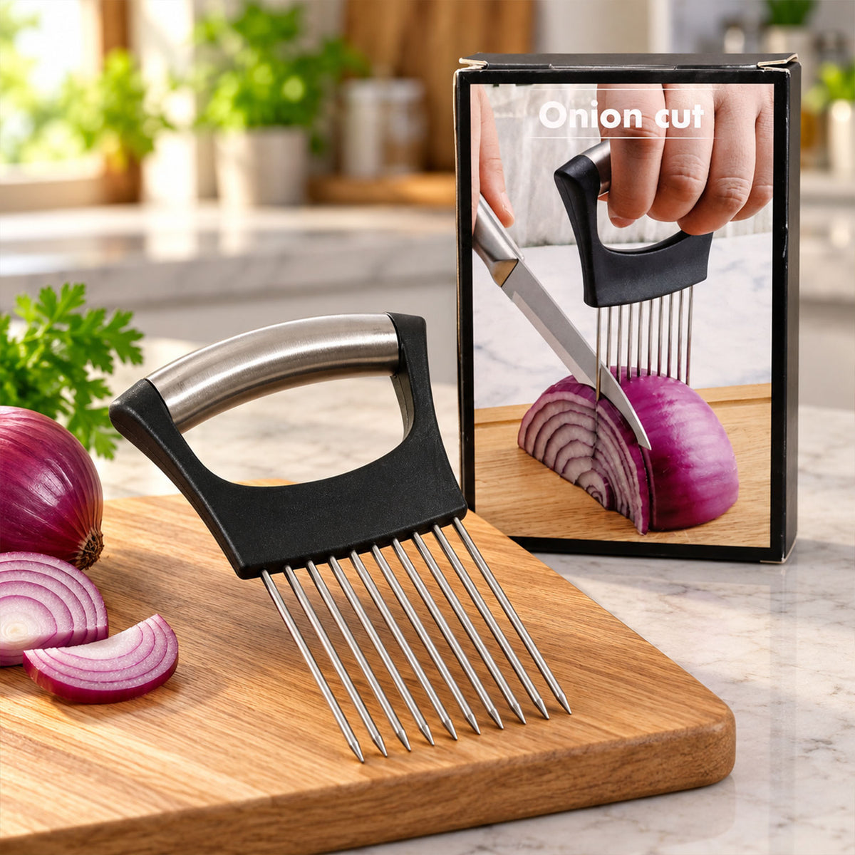 Onion slicing holder with steel prongs - main display