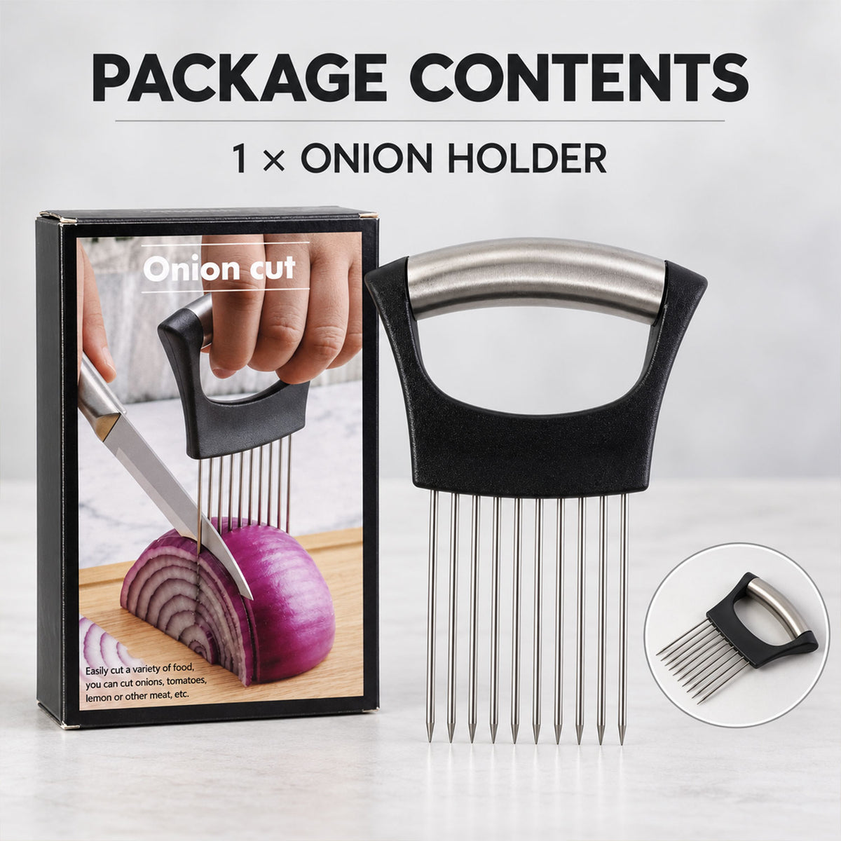 Onion slicing holder with steel prongs - package contents