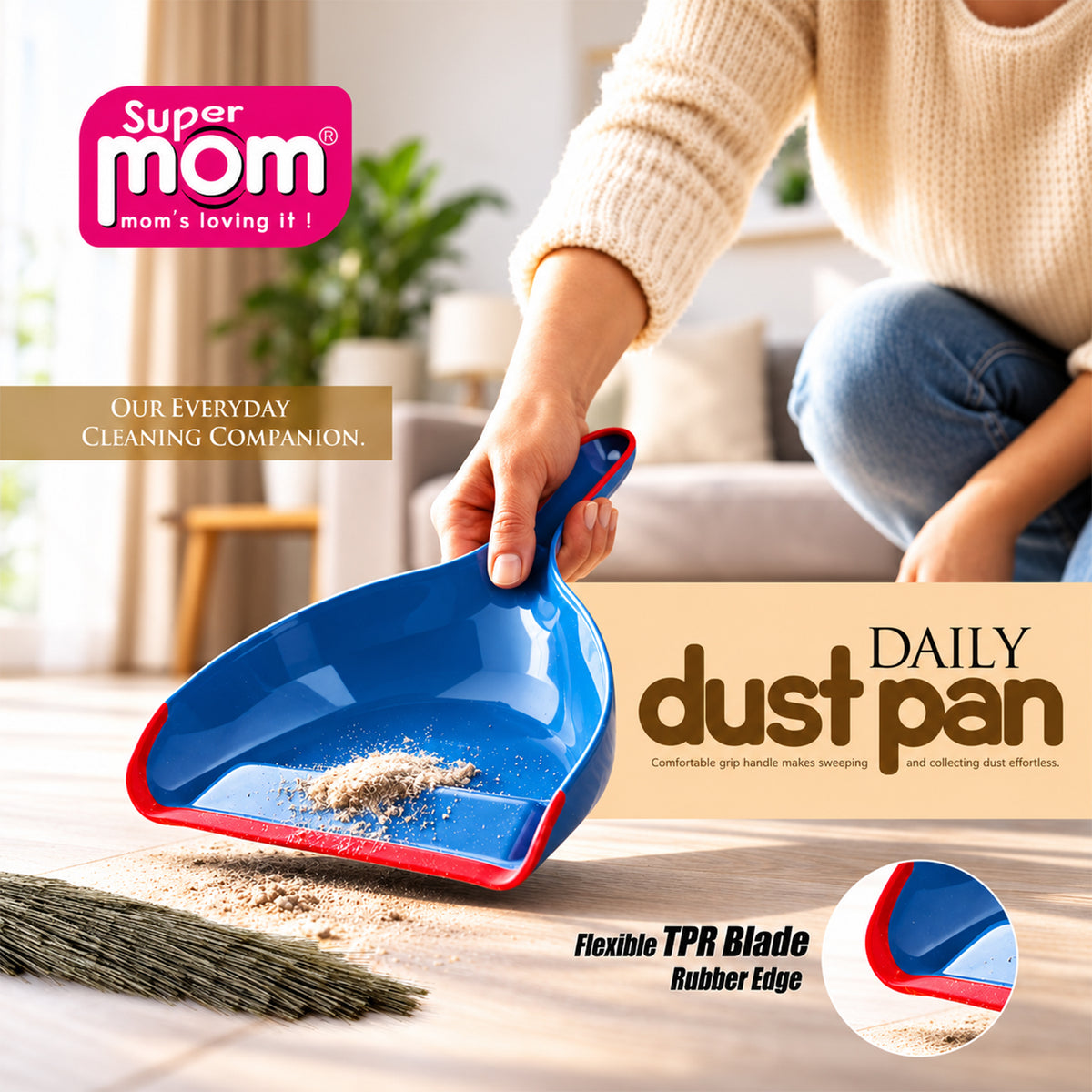 Dust pan with flexible front edge and hanging handle 1