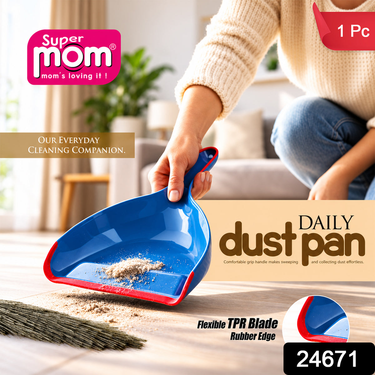Dust pan with flexible front edge and hanging handle 2