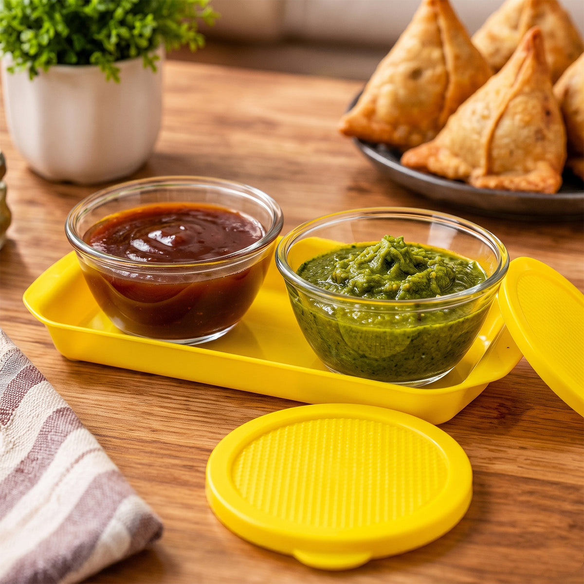Glass Bowls with Yellow Lids and Tray
