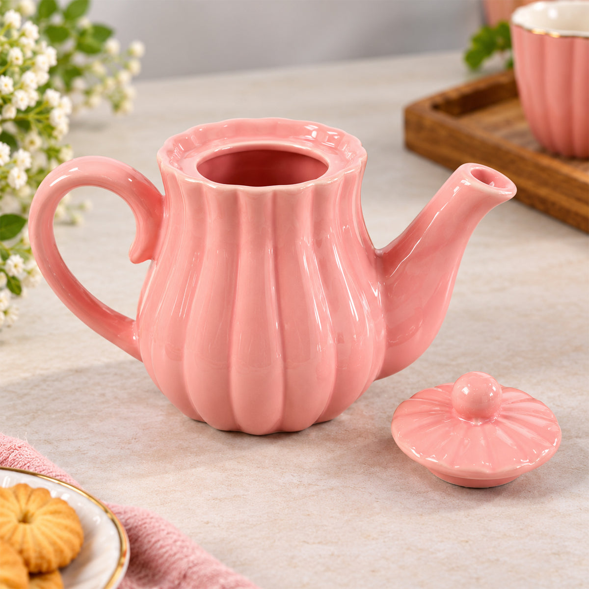 Pink Ribbed Ceramic Tea Set