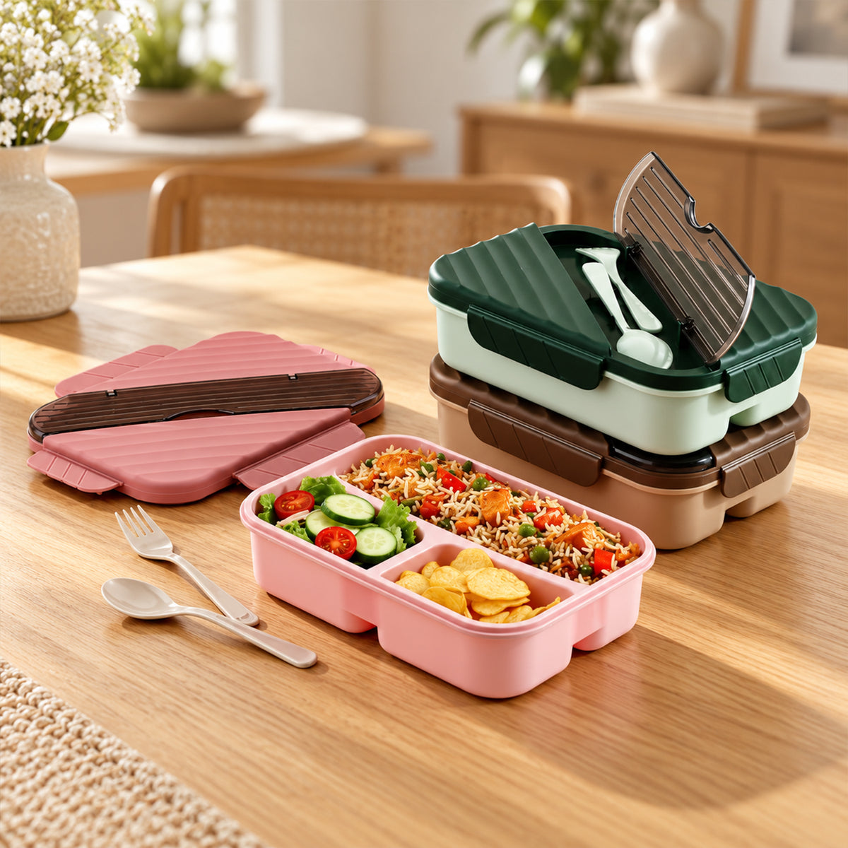 Three compartment lunch box with spoon fork and cutlery storage 10