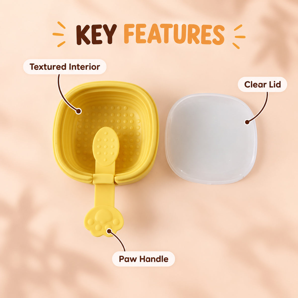 An infographic highlights the yellow square mold's textured interior, clear lid, and paw handle against a brown background.