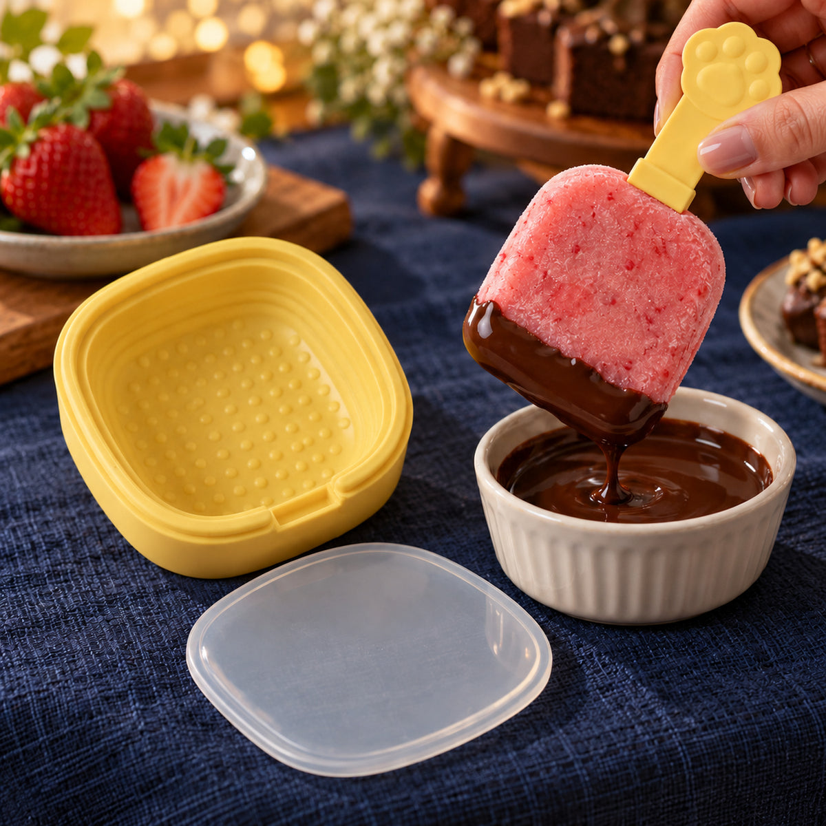 A hand dips a pink strawberry popsicle with a paw-shaped handle into a small bowl of melted chocolate.